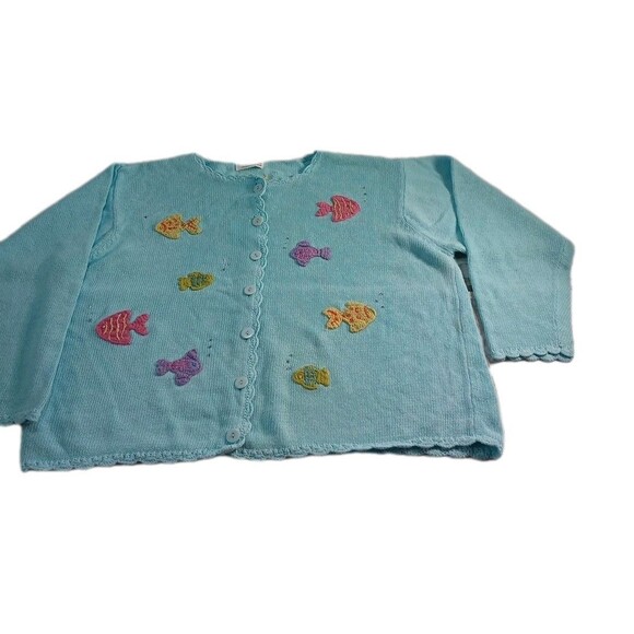 Vtg Extra Shenanigans Cardigan Sweater Women’s 1X  Baby Blue Fish Embroidered - Picture 1 of 16